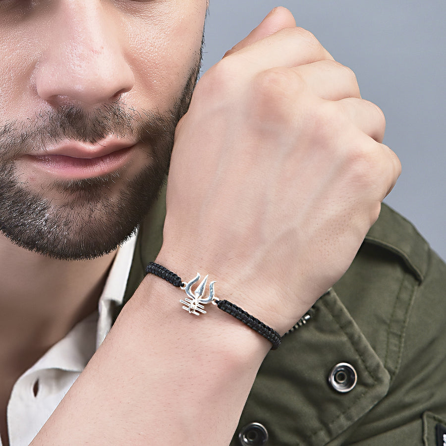 Men - Shiva Trishul 92.5% Silver Bracelet in Black Cotton Thread