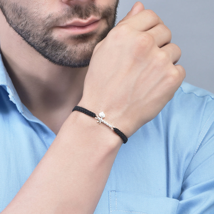 Women - Krishna ji Bansuri 92.5% Silver Bracelet in Black Cotton Thread