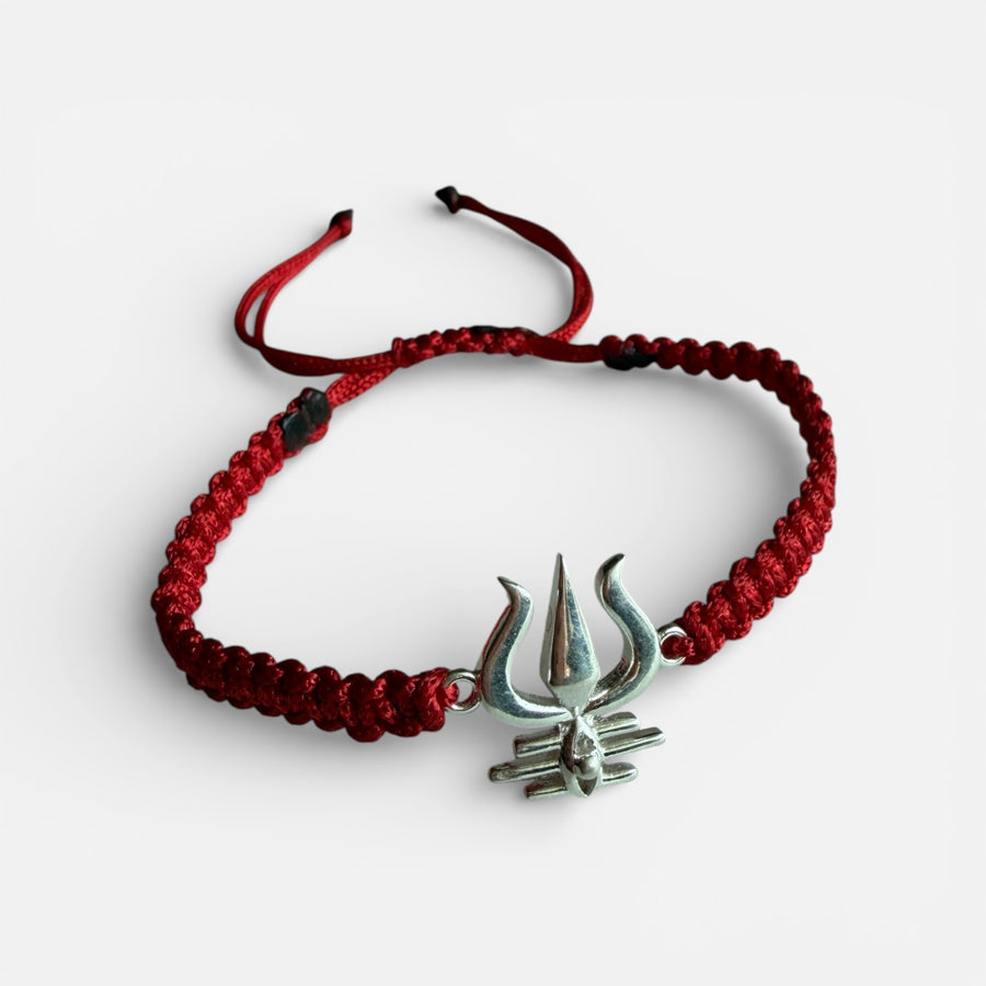 Men - Shiva Trishul 92.5% Silver Bracelet in Red Cotton Thread