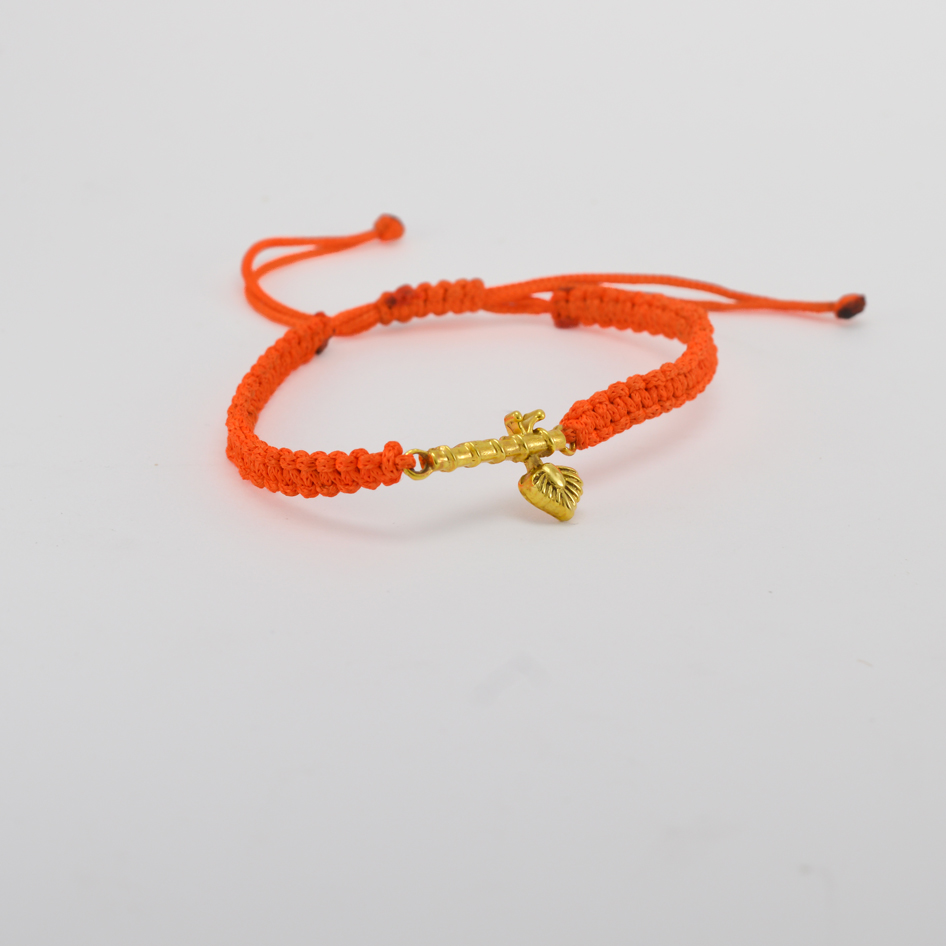 Men - Krishna ji Bansuri 24K Gold - Plated Anti Tarnished Bracelet in Orange Cotton Cord