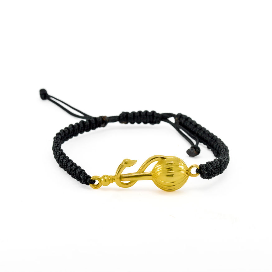 Men - Hanuman Ji Gada 24K Gold - Plated Anti Tarnished Bracelet in Black Cotton Cord
