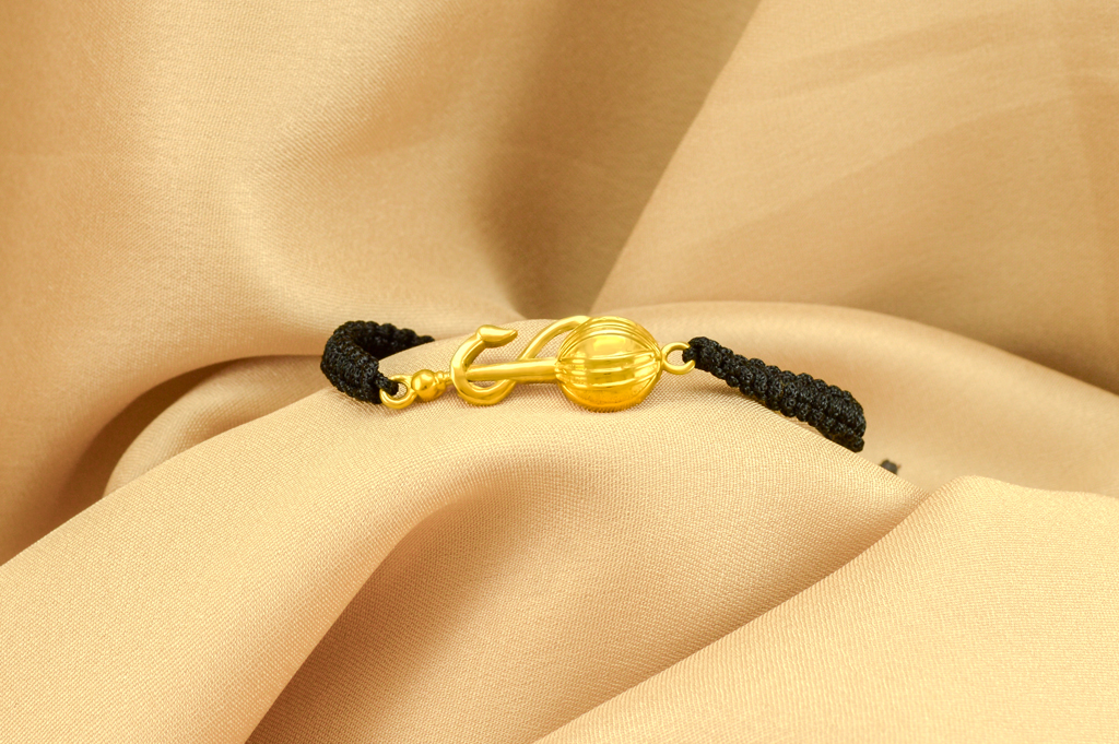 Men - Hanuman Ji Gada 24K Gold - Plated Anti Tarnished Bracelet in Black Cotton Cord - Image 2