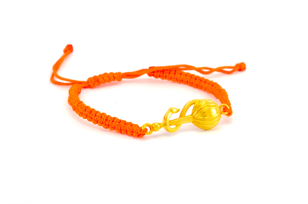 Women - Hanuman Ji Gada 24K Gold - Plated Anti Tarnished Bracelet in Orange Cotton Cord - Image 2