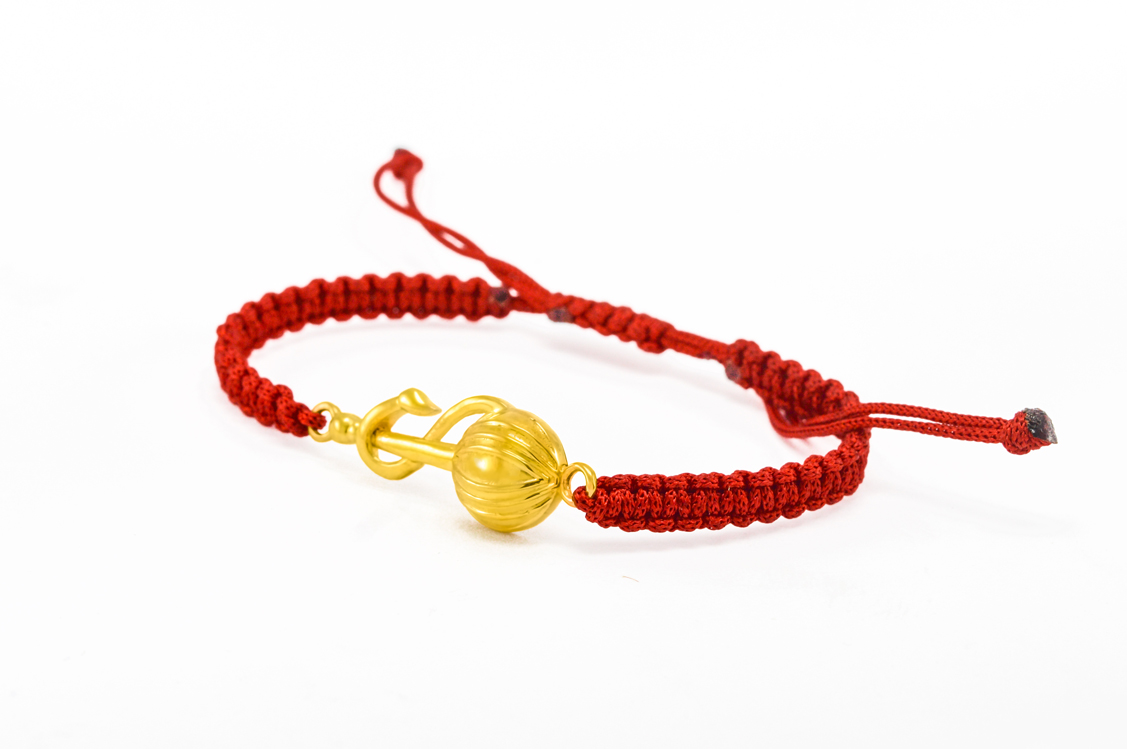 Men - Hanuman Ji Gada 24K Gold - Plated Anti Tarnished Bracelet in Red Cotton Cord