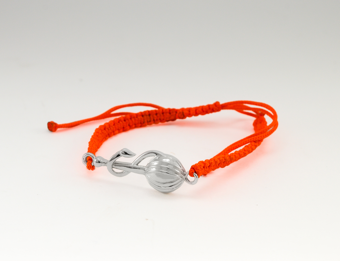 Women - Hanuman Ji Gada Hallmarked 92.5% Silver Bracelet in Orange Cotton Thread