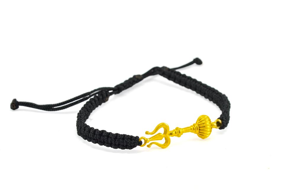 Men - Shiv Hanuman Astra 24K Gold - Plated Anti Tarnished Bracelet in Black Cotton Cord