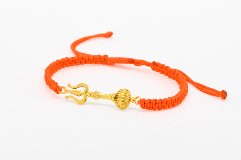 Men - Shiv Hanuman Astra 24K Gold - Plated Anti Tarnished Bracelet in Orange Cotton Cord