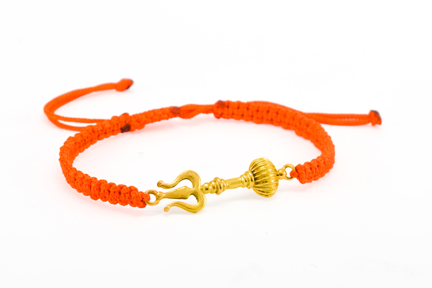 Men - Shiv Hanuman Astra 24K Gold - Plated Anti Tarnished Bracelet in Orange Cotton Cord - Image 2