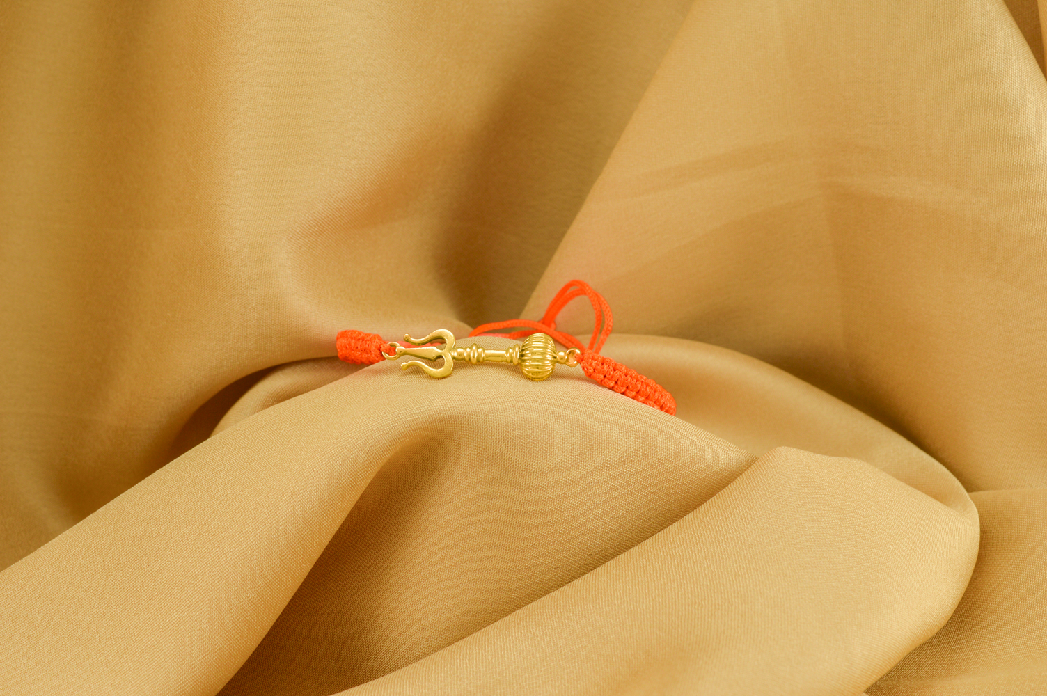 Men - Shiv Hanuman Astra 24K Gold - Plated Anti Tarnished Bracelet in Orange Cotton Cord - Image 4
