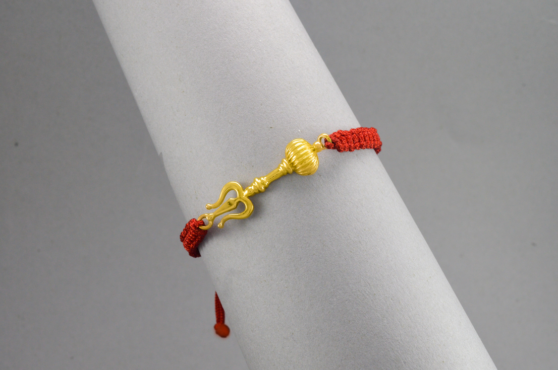 Men - Shiv Hanuman Astra 24K Gold - Plated Anti Tarnished Bracelet in Red Cotton Cord - Image 3
