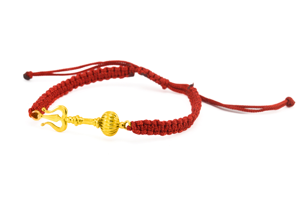 Men - Shiv Hanuman Astra 24K Gold - Plated Anti Tarnished Bracelet in Red Cotton Cord - Image 2