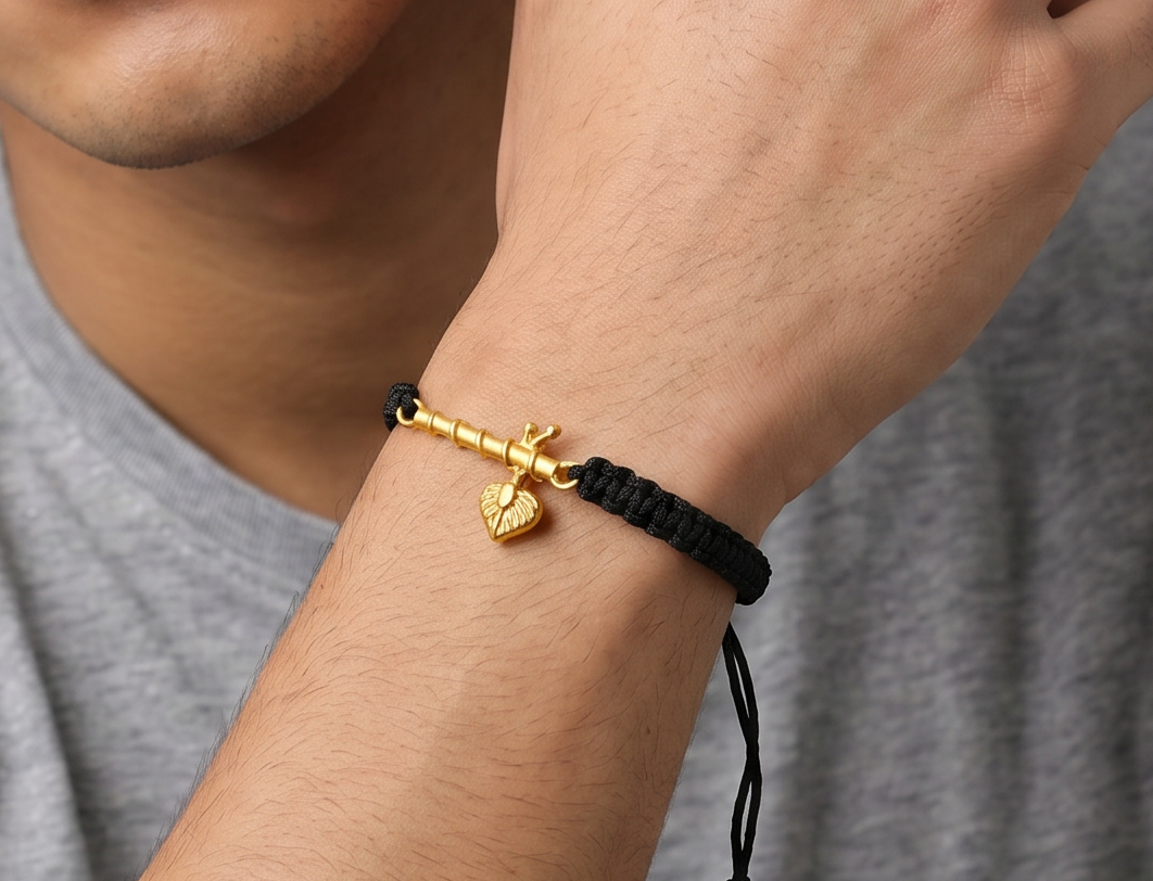Men - Krishna ji Bansuri 24K Gold - Plated Anti Tarnished Bracelet in Black Cotton Cord