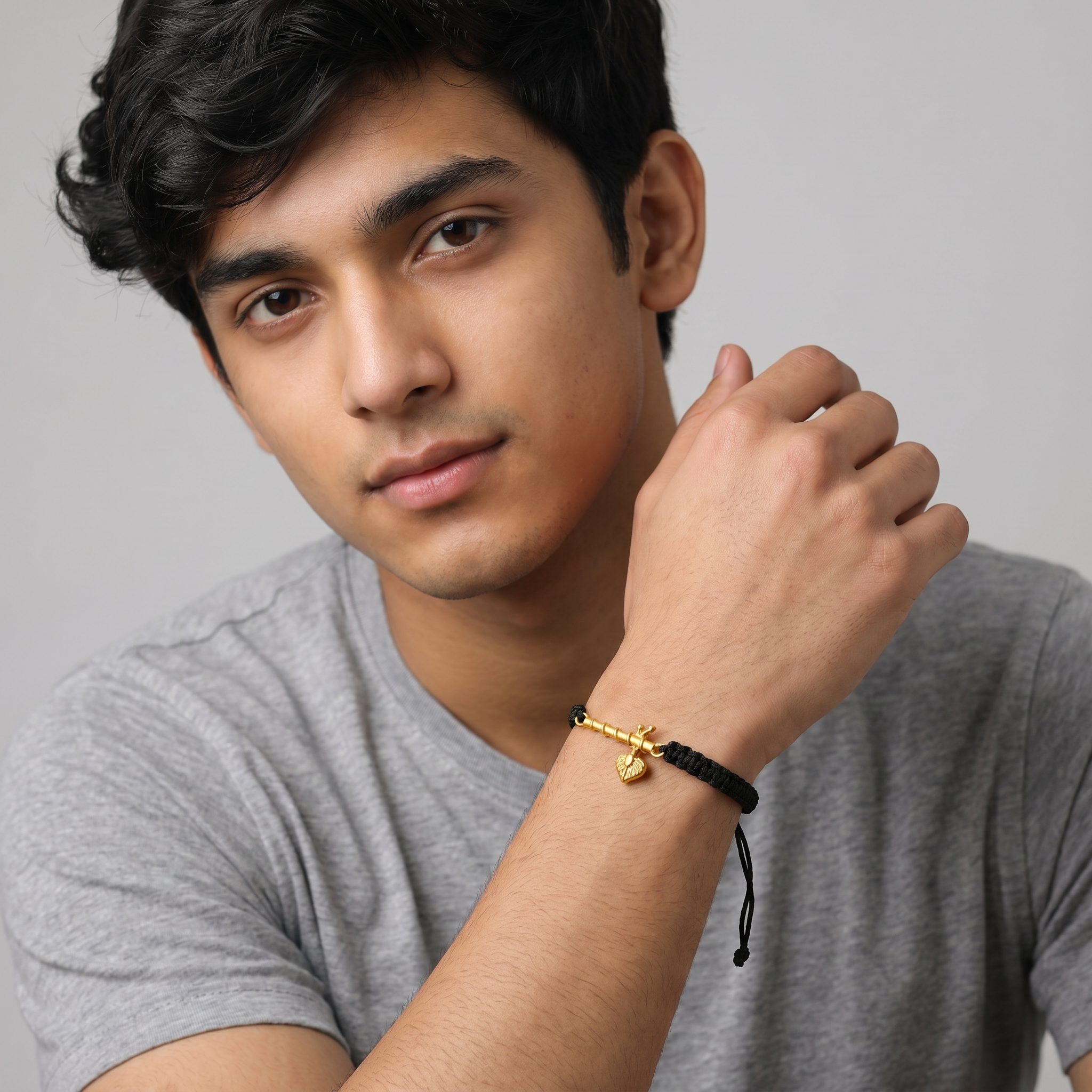 Men - Krishna ji Bansuri 24K Gold - Plated Anti Tarnished Bracelet in Black Cotton Cord - Image 4
