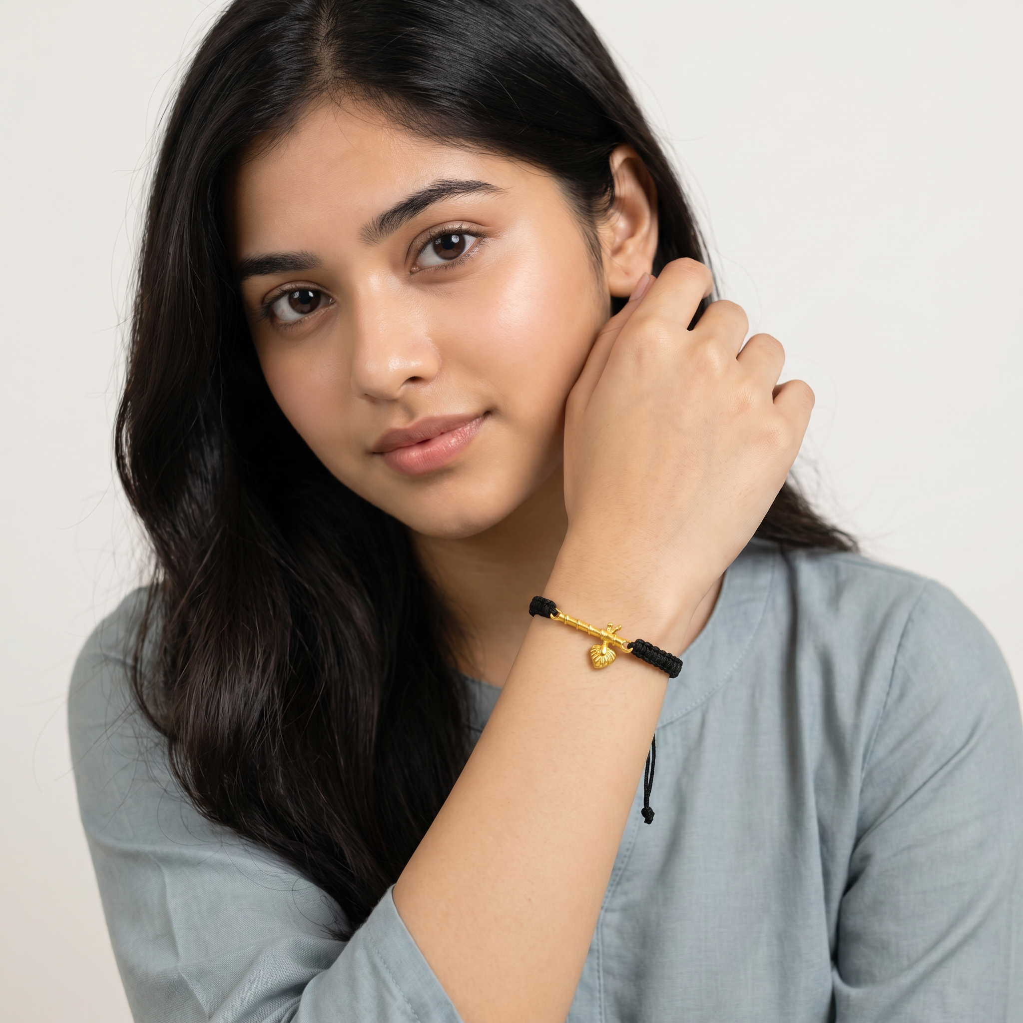 Women - Krishna ji Bansuri 24K Gold - Plated Anti Tarnished Bracelet in Black Cotton Cord - Image 4