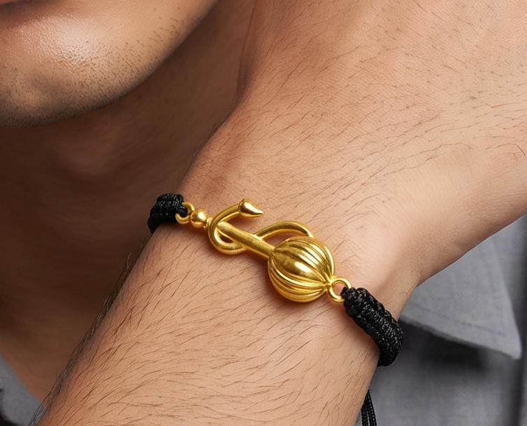 Men - Hanuman Ji Gada 24K Gold - Plated Anti Tarnished Bracelet in Black Cotton Cord