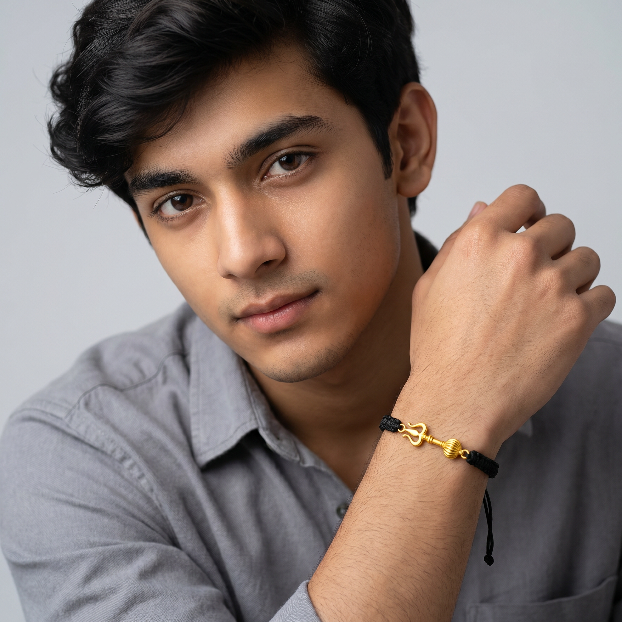Men - Shiv Hanuman Astra 24K Gold - Plated Anti Tarnished Bracelet in Black Cotton Cord - Image 6
