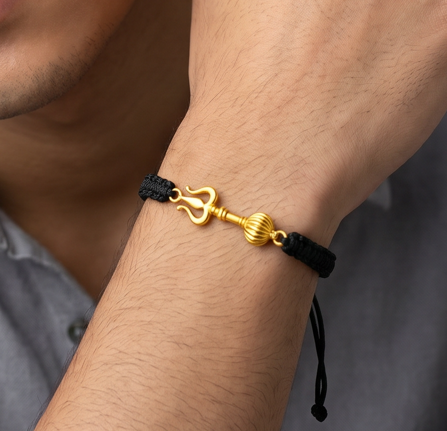 Men - Shiv Hanuman Astra 24K Gold - Plated Anti Tarnished Bracelet in Black Cotton Cord