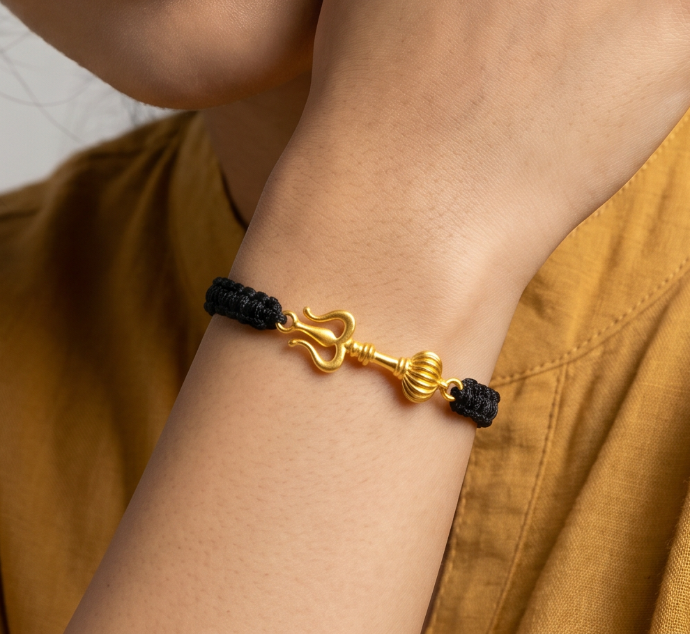 Women - Shiv Hanuman Astra 24K Gold - Plated Anti Tarnished Bracelet in Black Cotton Cord
