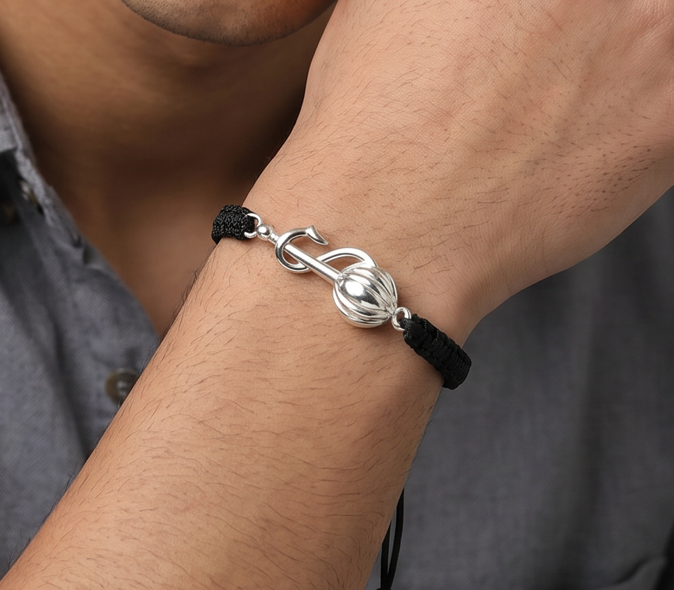 Men - Hanuman Ji Gada Hallmarked 92.5% Silver Bracelet in Black Cotton Thread