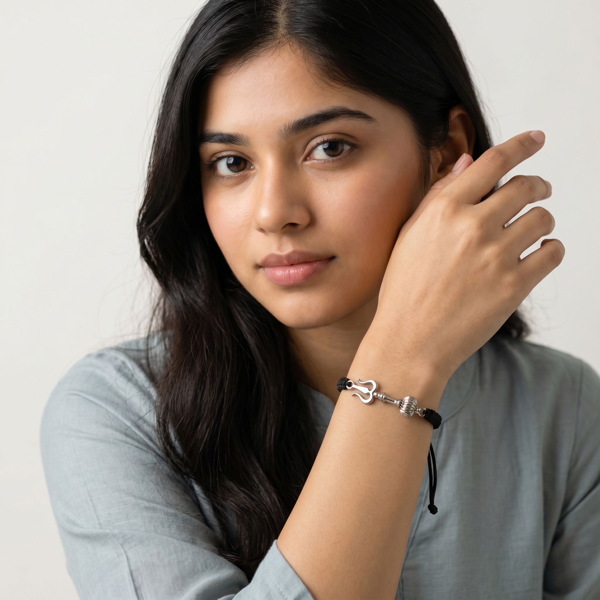 Women - Shiv Hanuman Astra Hallmarked 92.5% Silver Bracelet in Black Cotton Thread - Image 7