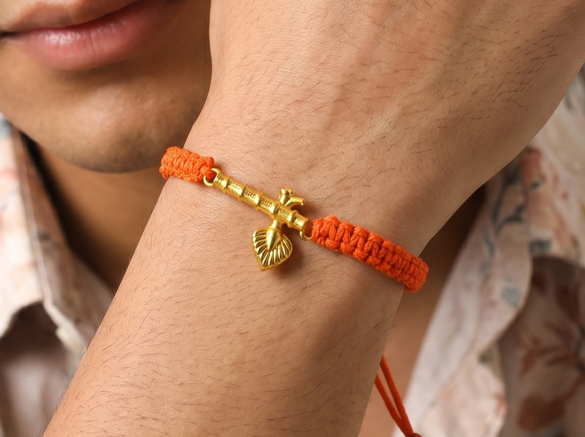 Men - Krishna ji Bansuri 24K Gold - Plated Anti Tarnished Bracelet in Orange Cotton Cord