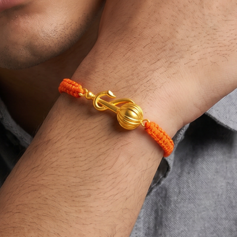 Men - Hanuman Ji Gada 24K Gold - Plated Anti Tarnished Bracelet in Orange Cotton Cord
