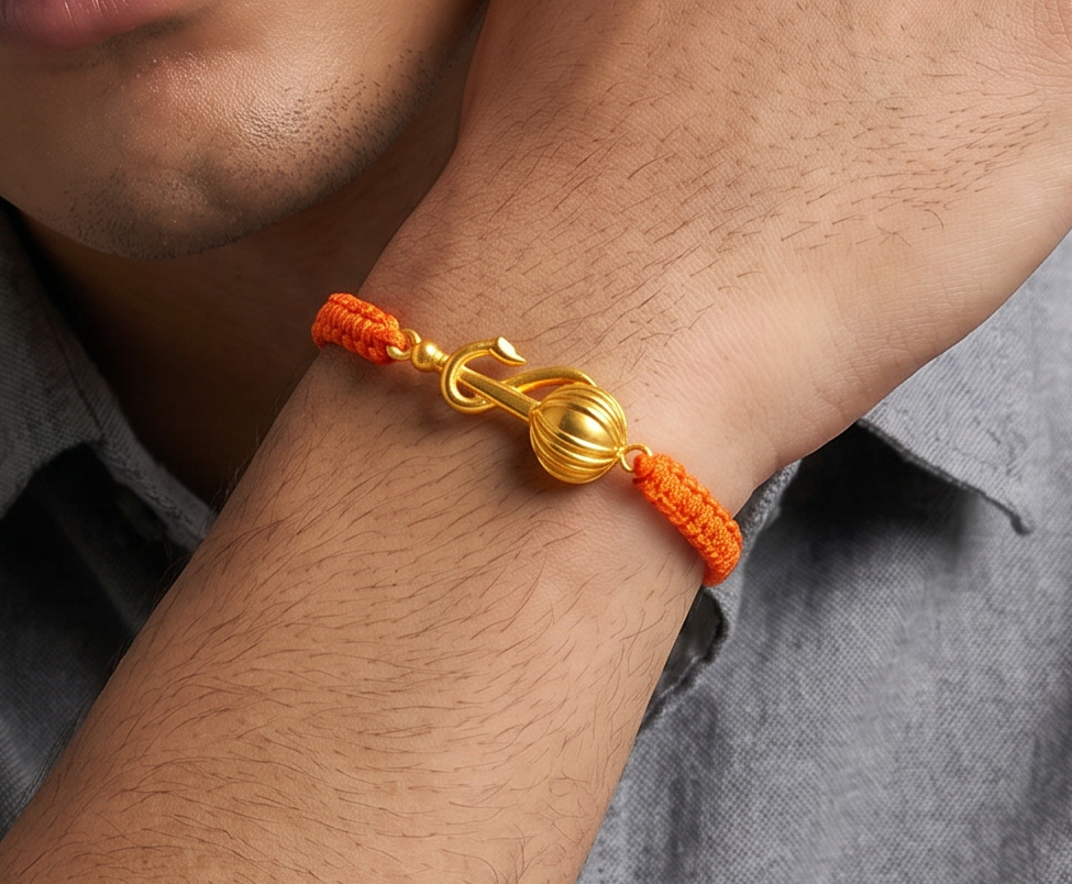 Men - Hanuman Ji Gada 24K Gold - Plated Anti Tarnished Bracelet in Orange Cotton Cord