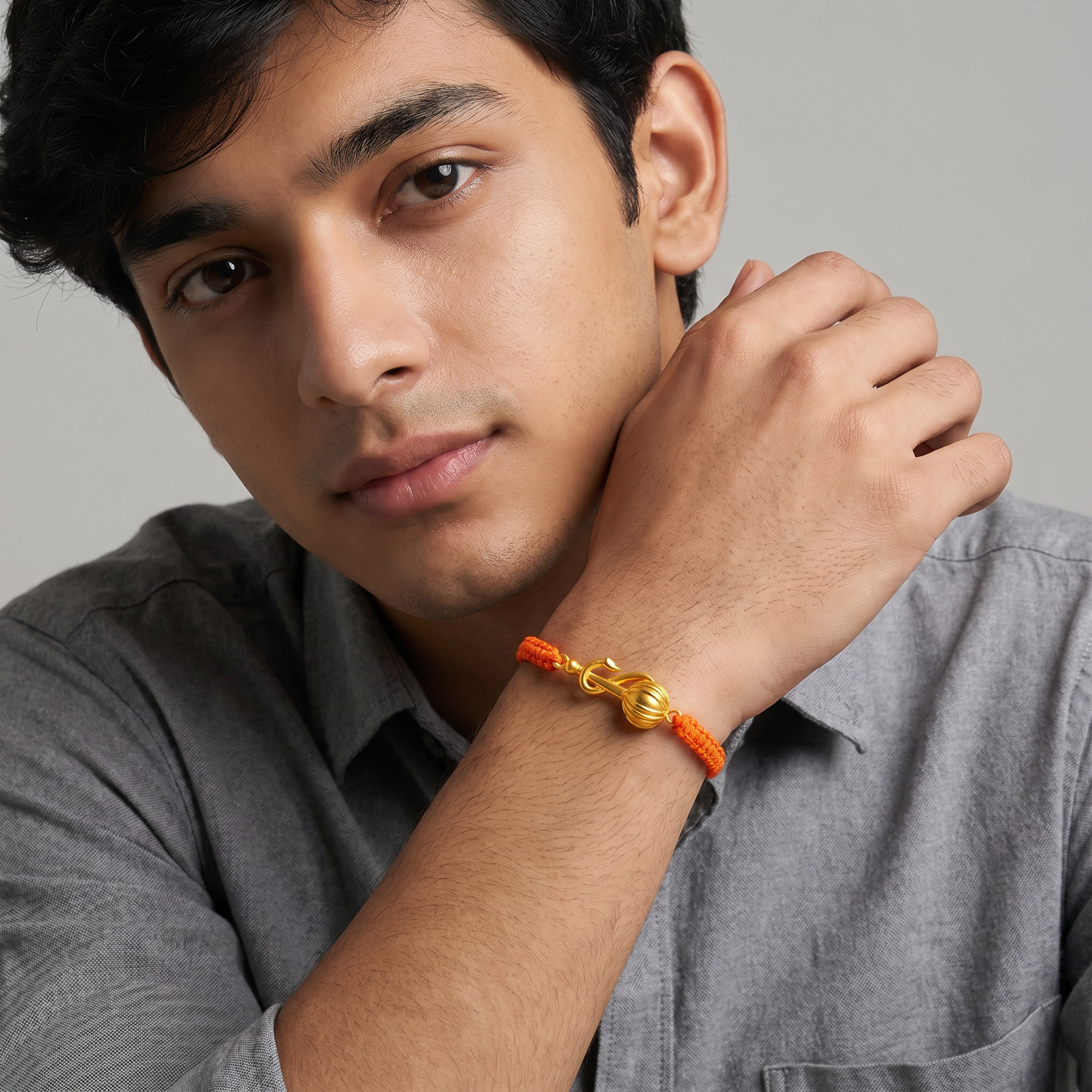 Men - Hanuman Ji Gada 24K Gold - Plated Anti Tarnished Bracelet in Orange Cotton Cord - Image 5