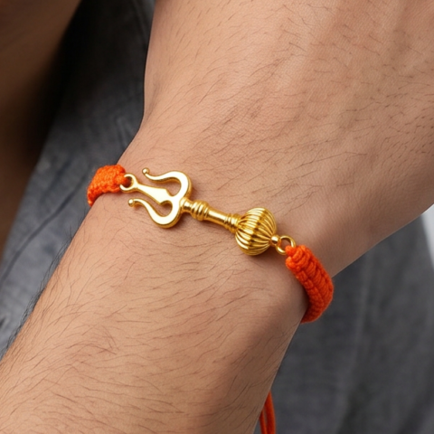 Men - Shiv Hanuman Astra 24K Gold - Plated Anti Tarnished Bracelet in Orange Cotton Cord