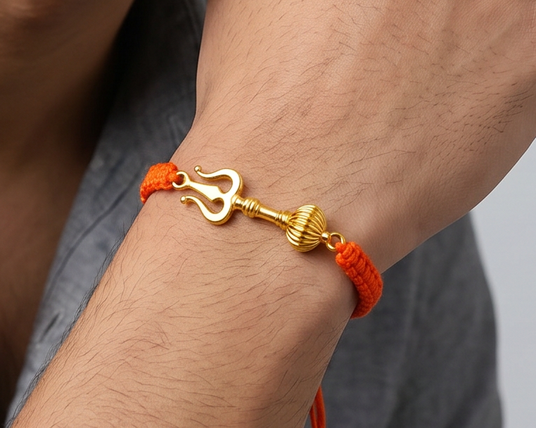 Men - Shiv Hanuman Astra 24K Gold - Plated Anti Tarnished Bracelet in Orange Cotton Cord