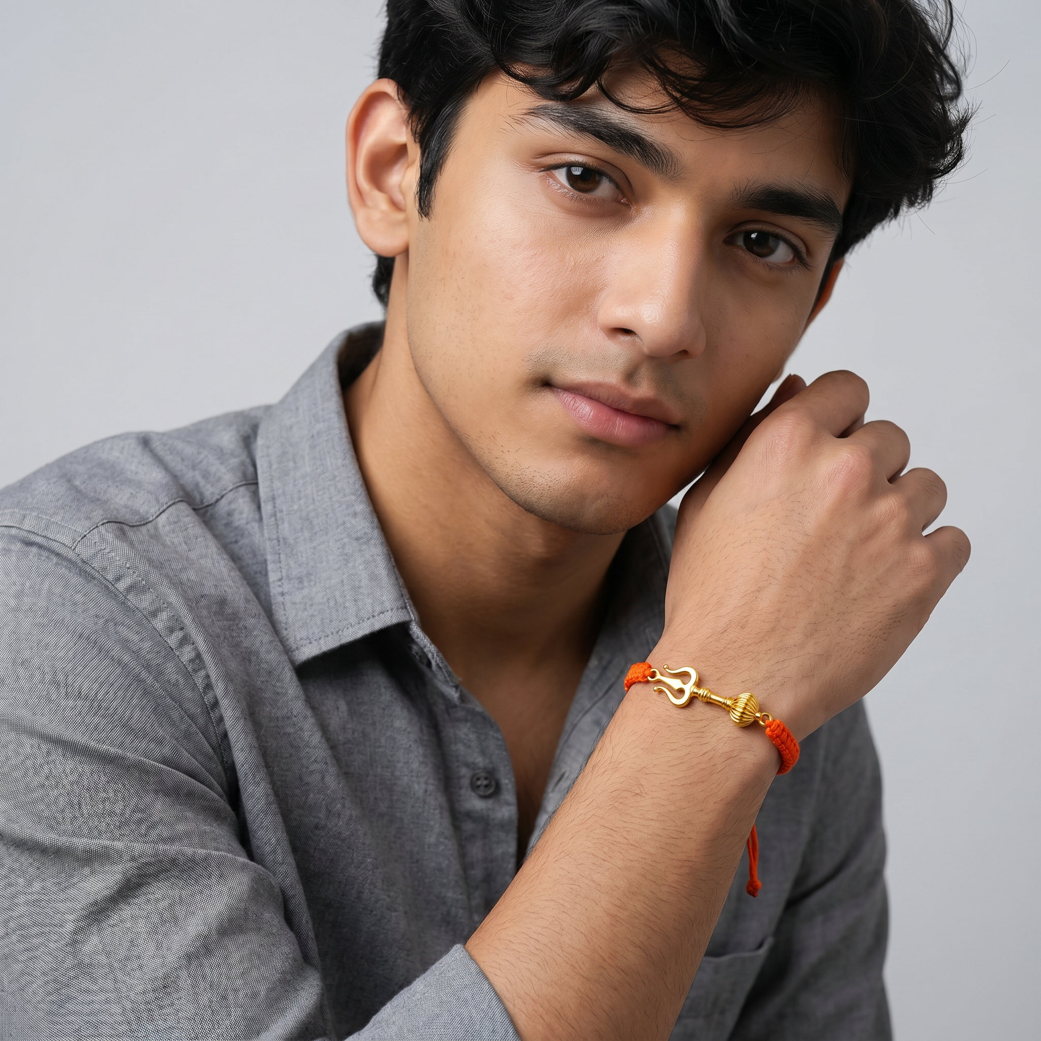 Men - Shiv Hanuman Astra 24K Gold - Plated Anti Tarnished Bracelet in Orange Cotton Cord - Image 6
