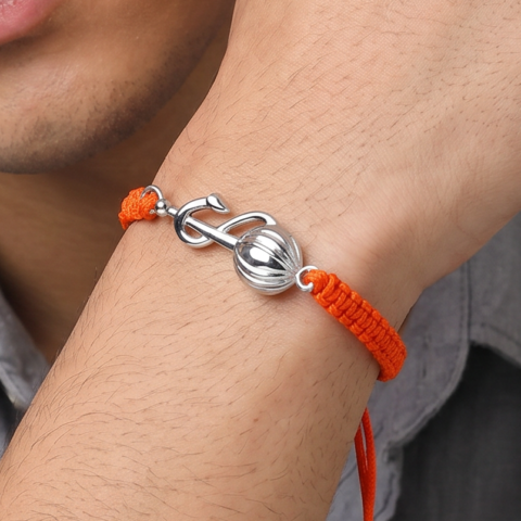Men - Hanuman Ji Gada Hallmarked 92.5% Silver Bracelet in Orange Cotton Thread