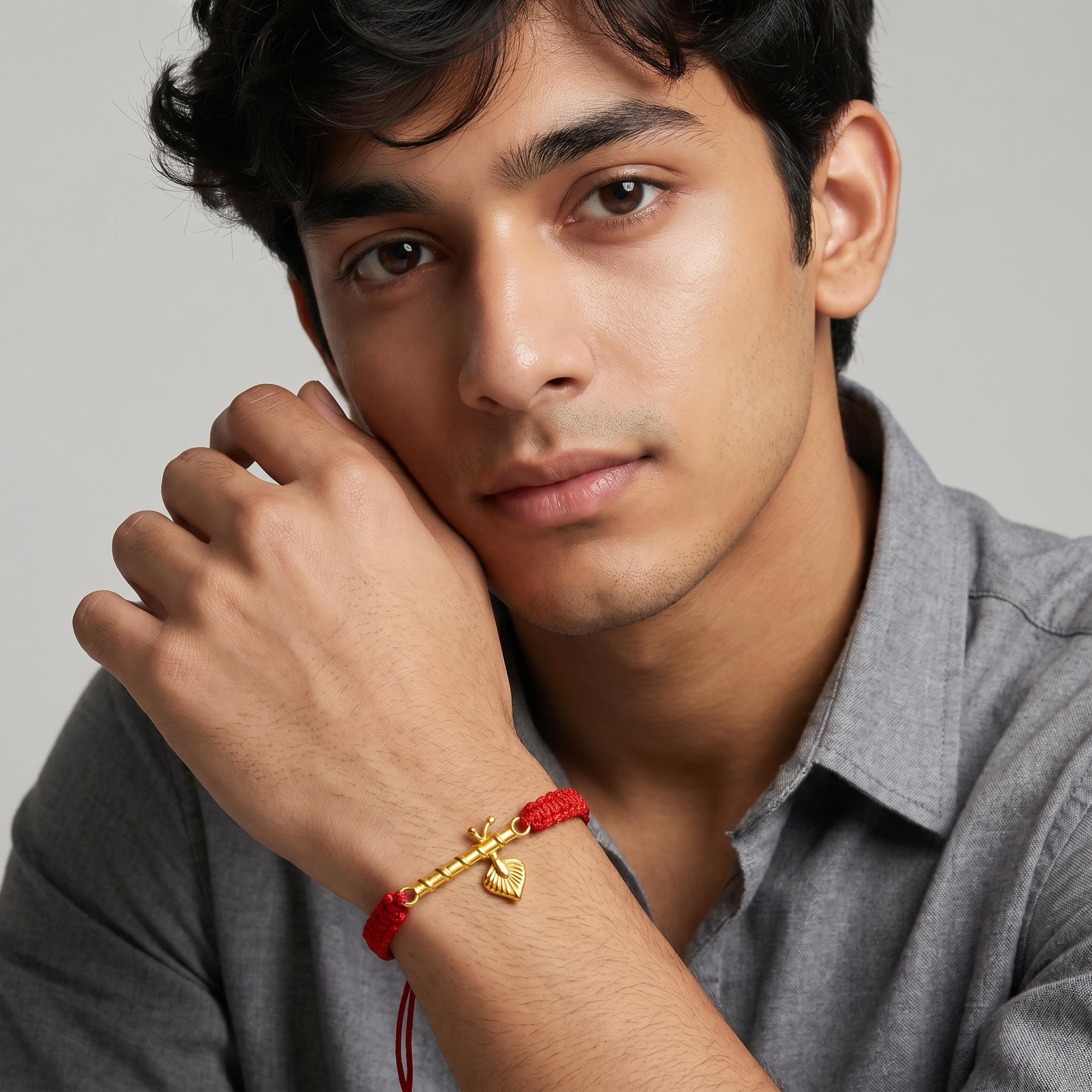 Men - Krishna ji Bansuri 24K Gold - Plated Anti Tarnished Bracelet in Red Cotton Cord - Image 5