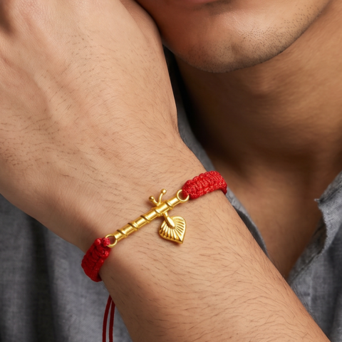 Men - Krishna ji Bansuri 24K Gold - Plated Anti Tarnished Bracelet in Red Cotton Cord