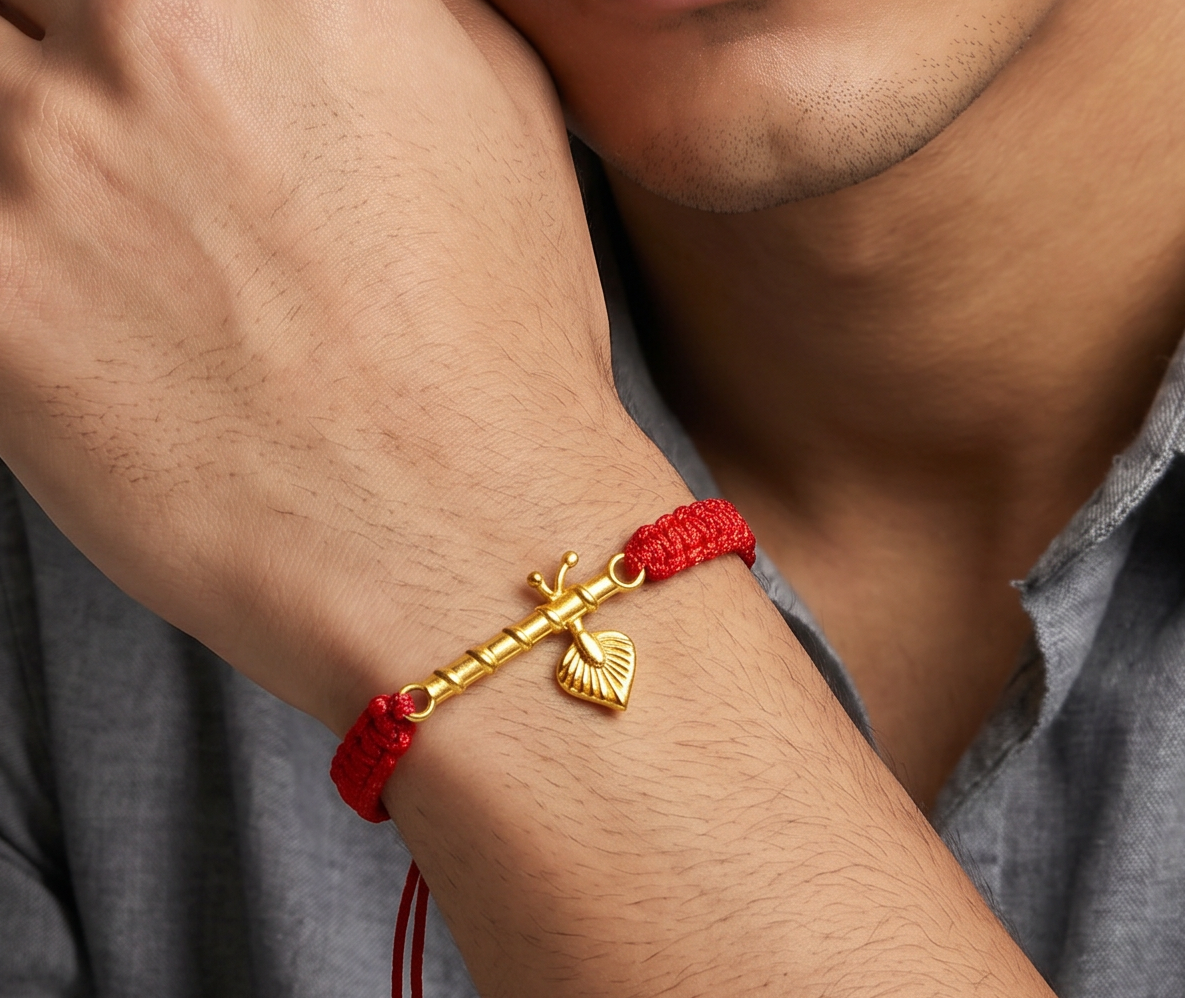 Men - Krishna ji Bansuri 24K Gold - Plated Anti Tarnished Bracelet in Red Cotton Cord