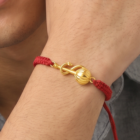 Men - Hanuman Ji Gada 24K Gold - Plated Anti Tarnished Bracelet in Red Cotton Cord