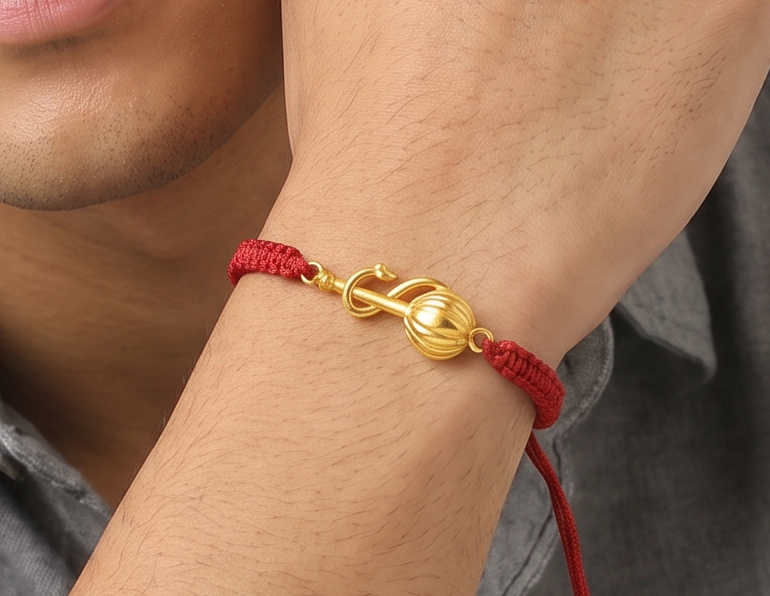 Men - Hanuman Ji Gada 24K Gold - Plated Anti Tarnished Bracelet in Red Cotton Cord