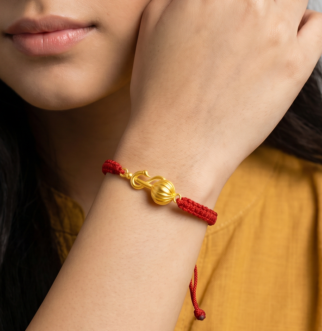Women - Hanuman Ji Gada 24K Gold - Plated Anti Tarnished Bracelet in Red Cotton Cord