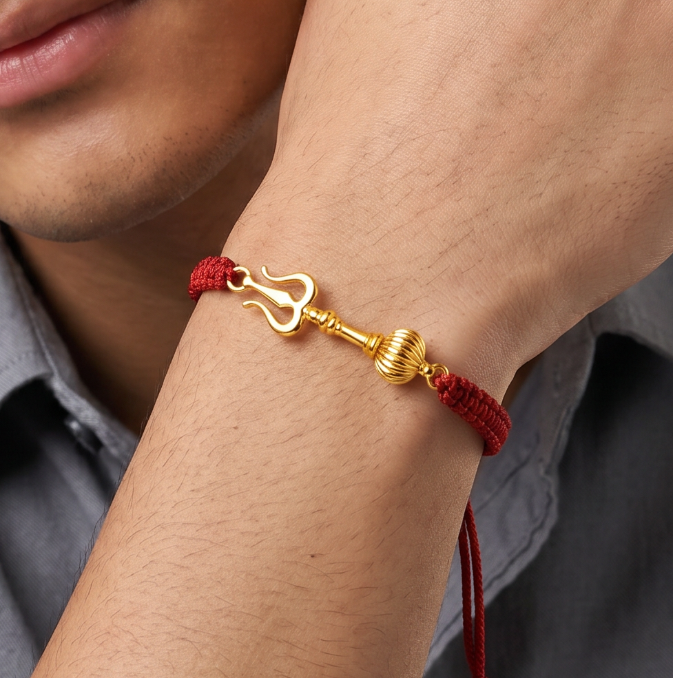 Men - Shiv Hanuman Astra 24K Gold - Plated Anti Tarnished Bracelet in Red Cotton Cord
