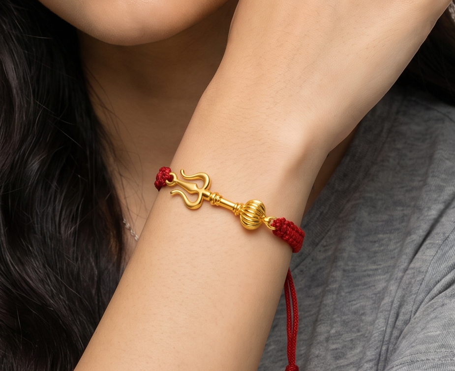 Women - Shiv Hanuman Astra 24K Gold - Plated Anti Tarnished Bracelet in Red Cotton Cord