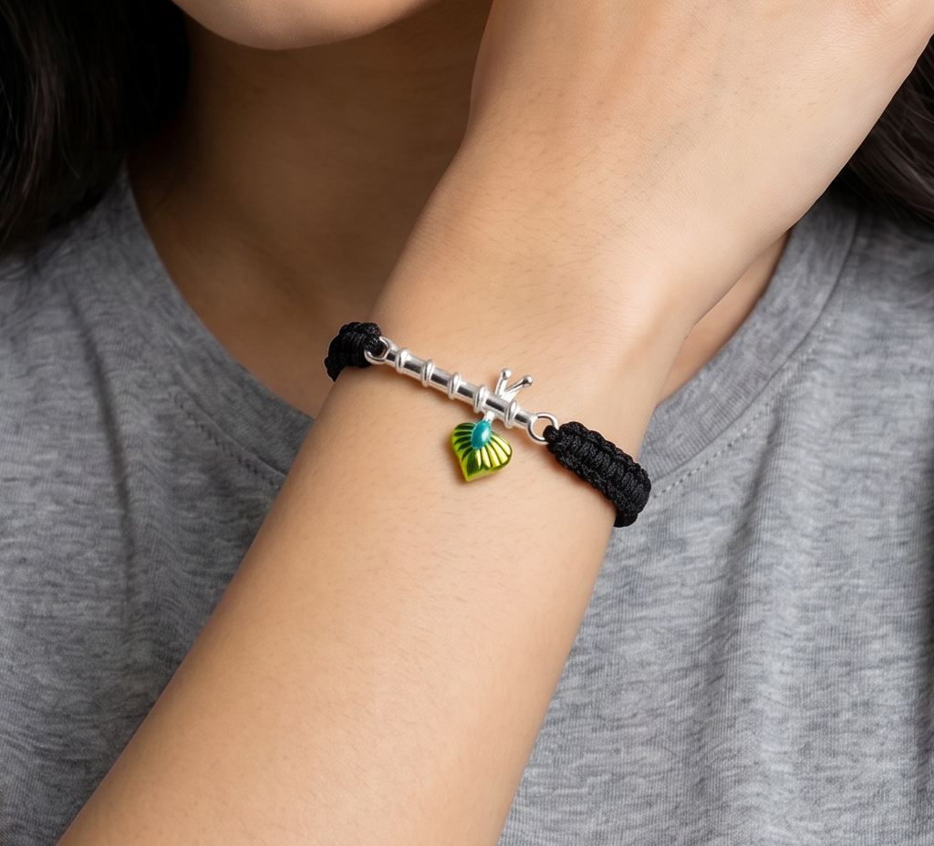 Women - Krishna ji Bansuri Hallmarked 92.5% Silver Bracelet in Black Cotton Thread
