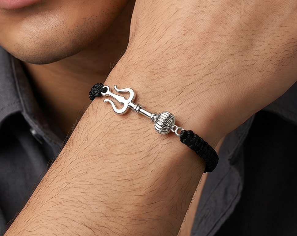 Men - Shiv Hanuman Astra Hallmarked 92.5% Silver Bracelet in Black Cotton Thread