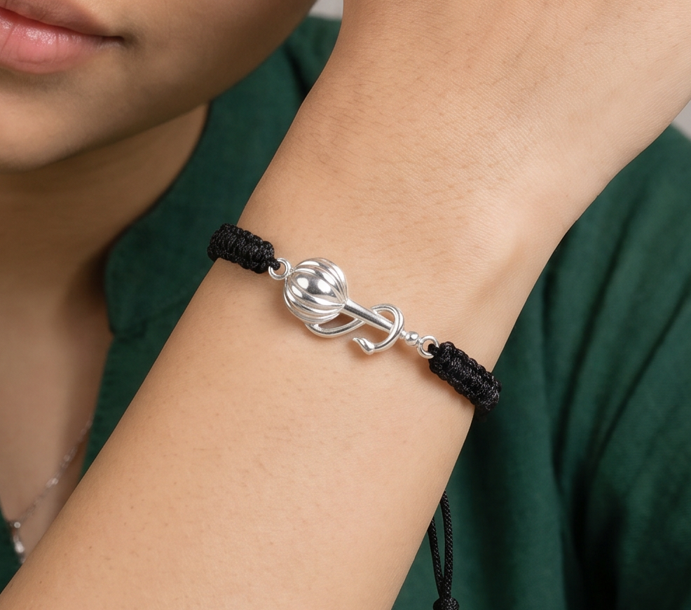 Women - Hanuman Ji Gada Hallmarked 92.5% Silver Bracelet in Black Cotton Thread