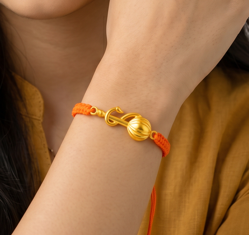 Women - Hanuman Ji Gada 24K Gold - Plated Anti Tarnished Bracelet in Orange Cotton Cord